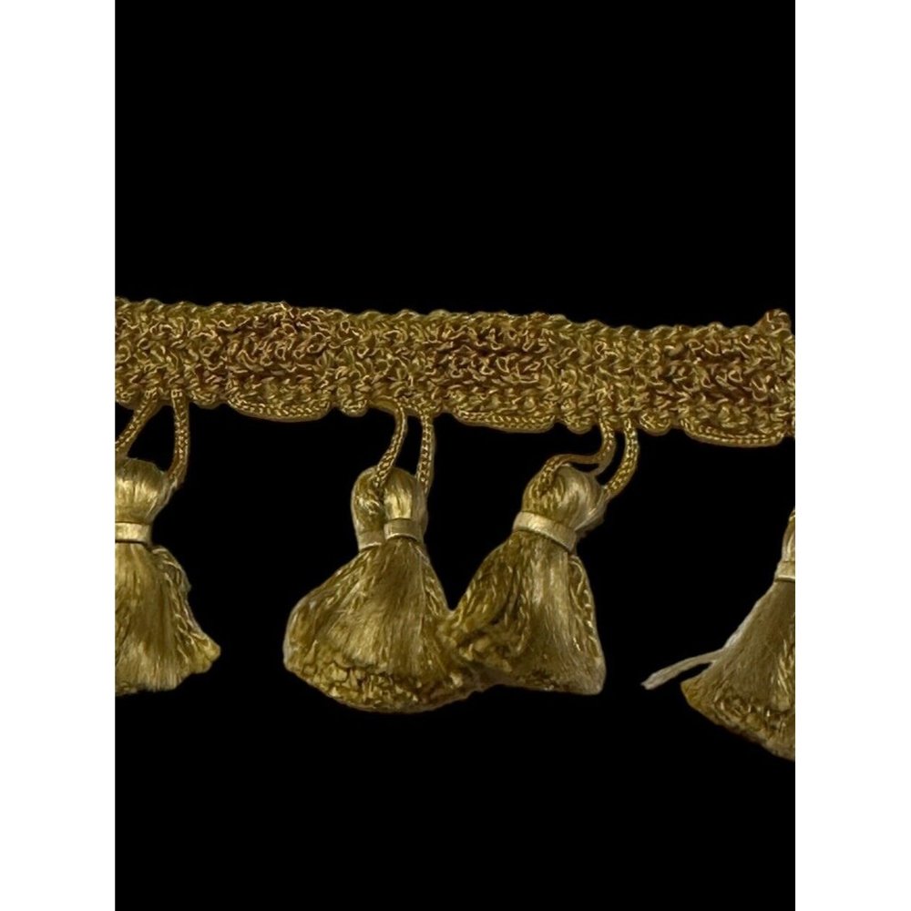 Vtg Conso Fabric Upholstery 2" Fringe Tassel  Trim Gold Pom Pom By Yard MCM 70s